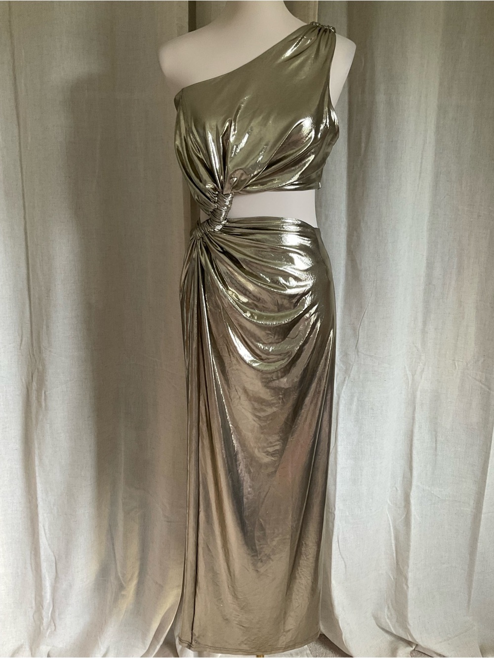 JLUXLABEL Metallic Gold One Shoulder Cutout Maxi Dress XL Ruched Glam Formal